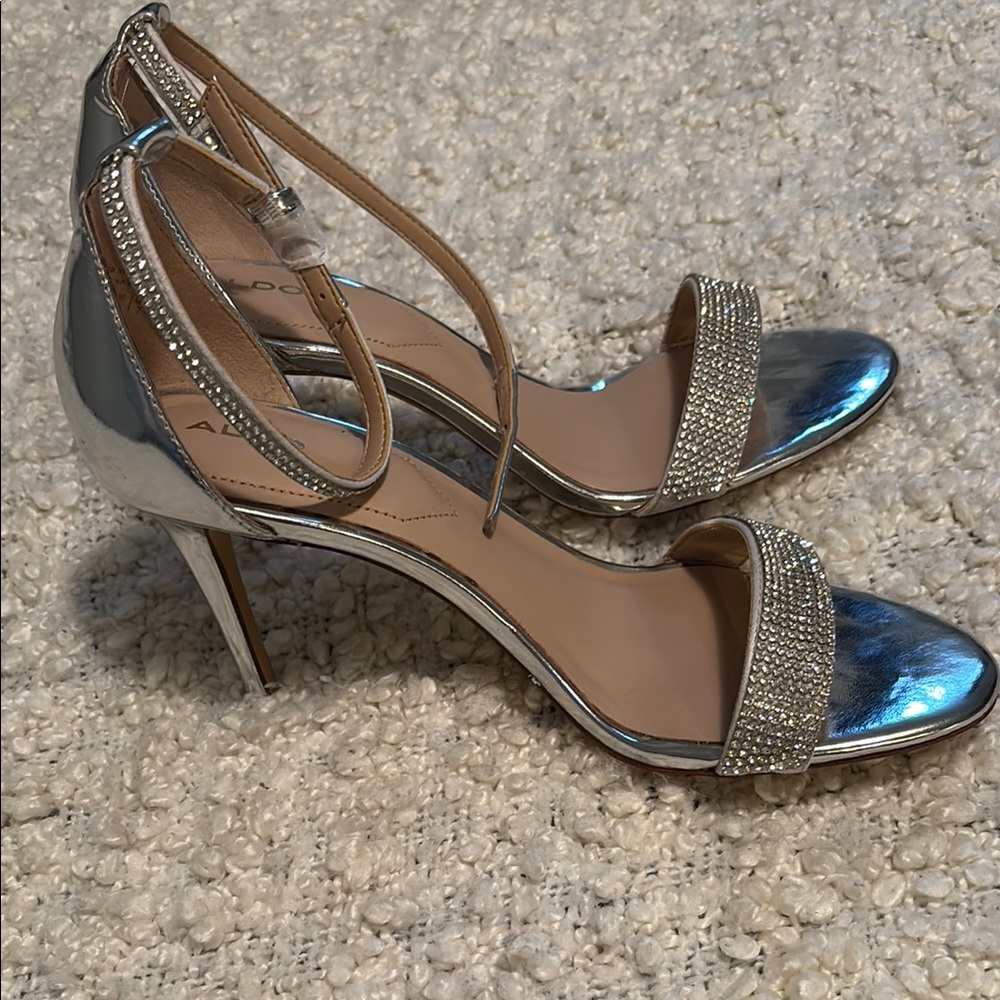 Aldo Silver Stiletto Heels with Ankle Strap